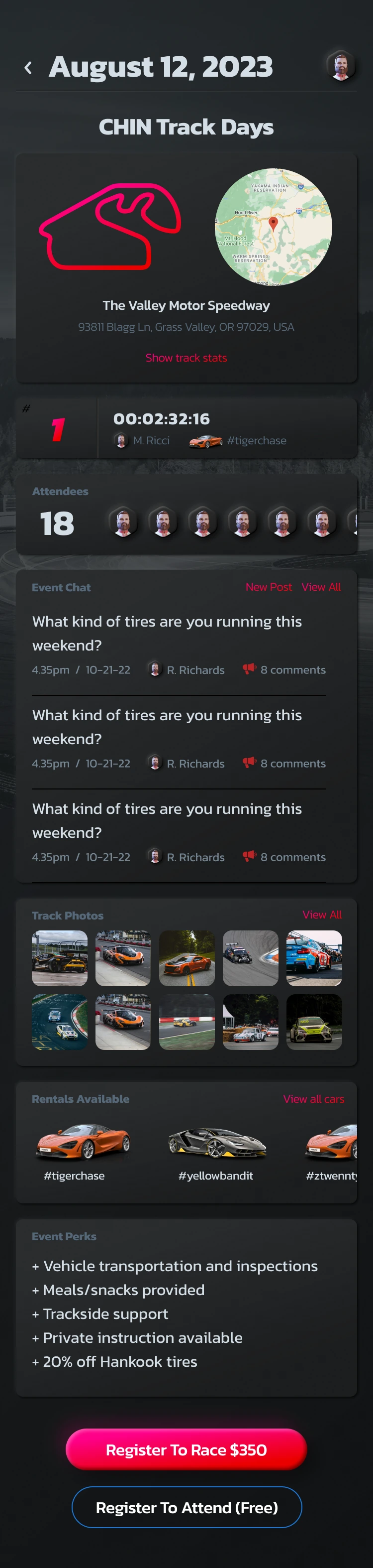 Racing event detail: track, date, attendees and the event chat
